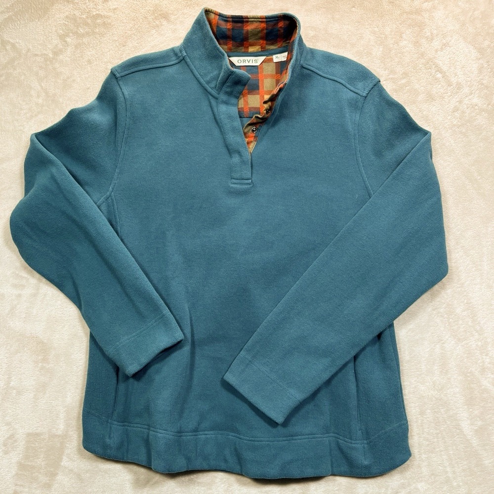 Orvis Women's‎ Sweater XL Plaid Pattern Quarter Snap Greenish Blue